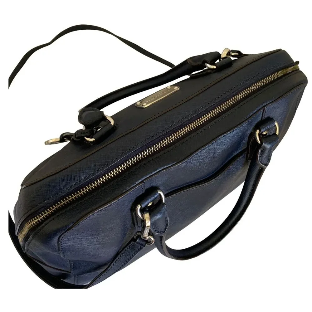 Michael Kors Navy Blue Saffiano Leather Satchel Crossbody Bag Double Top Handle